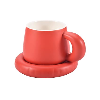 Koythin Ceramic Coffee Mug with Saucer Set, Cute Creative Belly Cup with Fat Handle Design for Office and Home, 8.5 oz/250 ml for Latte Tea Milk (Red)