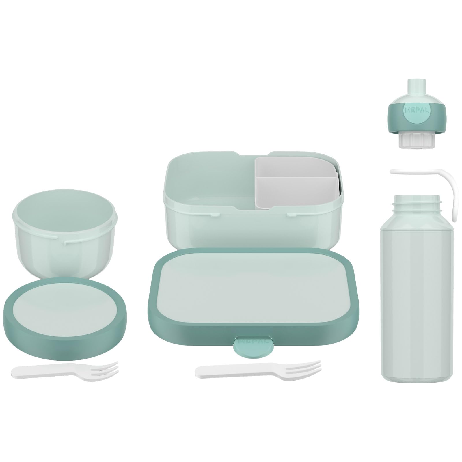 Mepal - Pausenset Campus - Set für Kinder mit Pop-up Trinkflasche, Lunch Box & Obstbox - Lunch-Set für die Schule oder unterwegs - Spülmaschinenfest - 400 + 750 + 300 ml - Cool mint