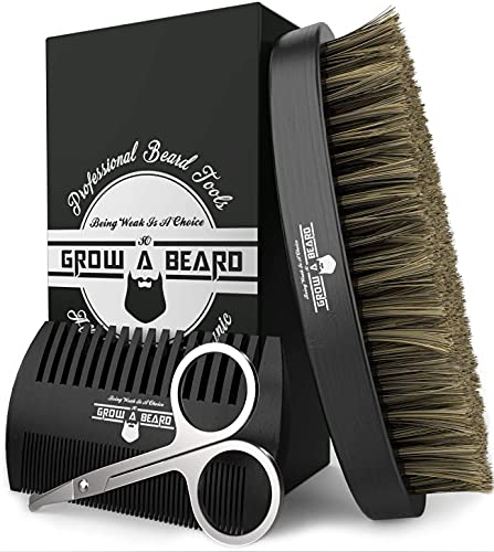 Beard Brush, Comb, Scissors Grooming Kit for Men's Care, Perfect to Distribute Balm or Oil for Growth & Styling, Adds Shine & Softness Black Color