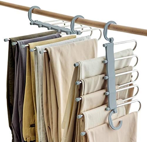SOSOPIN Space Saving Pants Hangers Non-Slip Clothes Organizer 5 Layered Pants Rack for Scarf Jeans Trousers (Grey, 2 Pcs)