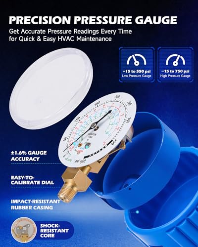 Image of OMT 4 Way AC Diagnostic Manifold Gauge Kit for R134A R410A R22, 5ft Hoses | Includes R134a Couplers Self-Sealing Piercing Can Taps R410a & 29 Adapter ; Solid Brass Build; Ideal for Auto Freon Recharge