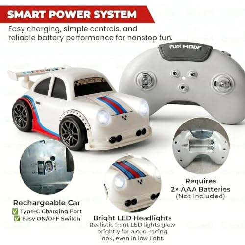 Image of 2.4GHz RC Drift Car with LED Lights & Auto Demo - Rechargeable Remote Control Racing Toy | Follow Me Escape Mode High-Speed Stunt Sports Car for Kids 6+ Years (White)