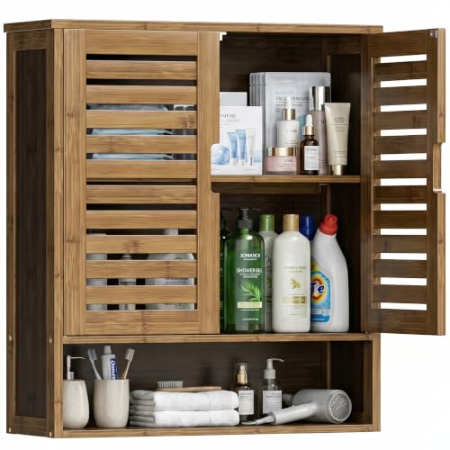 SMIBUY Badezimmerschrank Wandmontage, Bambus über der Toilette Lagerung Veranstalter, Platz sparende Medizin Schrank mit 2 Türen und verstellbaren Regalen (Walnuss)