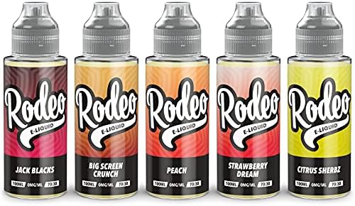 Five Pack – 5 x 100ml Jack Blacks + Big Screen Crunch + Peach + Strawberry Dream + Citrus Sherbz E Liquid 70VG/30PG Vape Juice E-Liquid No Nicotine 120ml Bottle Short Fill 500ml (Rodeo E-Liquid)