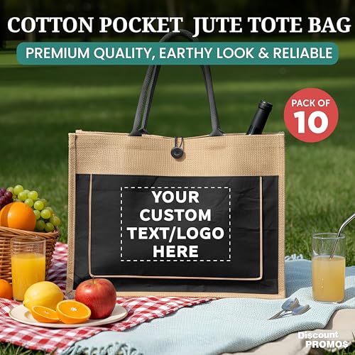 DISCOUNT PROMOS Custom Jute Tote Bags with Cotton Pocket Set of 10, Personalized Bulk Pack - Reusable, Great for Picnic, Camping, Beach, Outdoor Activities - Black by DISCOUNT PROMOS - Image 4