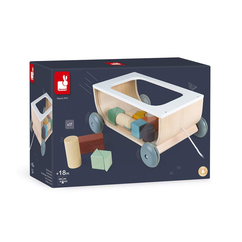 Janod - Chariot de Cubes Sweet Cocoon - Jouet d'Eveil 2 en 1, Chariot de Marche en Bois à Tirer + Jeu d'Empilement avec 17 Cubes en bois - Peinture à l'Eau - A Partir de 12 mois, J04407