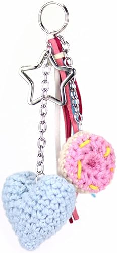 Wellbeing Star Donut and Heart Love colorful Keychain kawaii crochet arigurumi trendy shack classy crafts llaveros para mujer etsie amigurume Pink