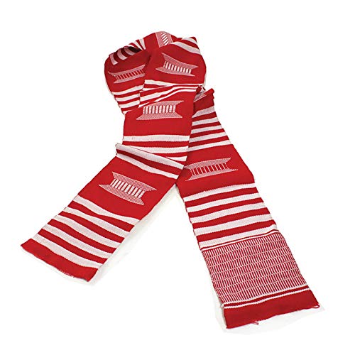 Kente Pattern Woven Scarf Sash 4-5" x approx 66" Black/White/White Crest (Red/White/White Crest)