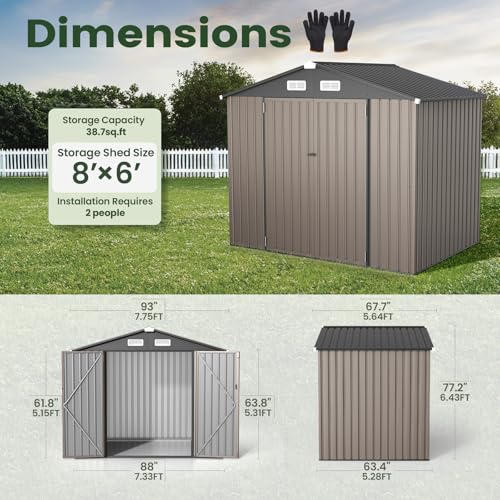 Image of GVDV 8x6 FT Full Size Outdoor Storage Shed with Floor, Durable Metal Garden Shed with Reinforced Sidewall Girts & Updated Frame Structure, All-Weather Shelter for Backyard, Patio, Tool, Bike Storage