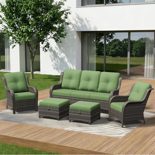 Image of 5 Piece Outdoor Wicker Patio Furniture Set, Patio Chairs Set with Thickened Olefin Cushions, High Back and Deep Seating, Hand-Woven PE Rattan, Ottoman for Porch, Deck