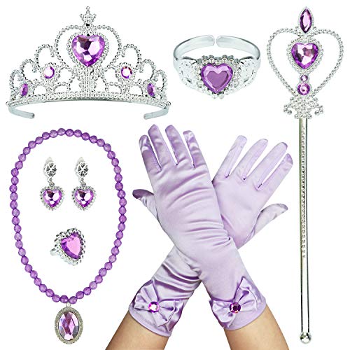 9PCS Princess Dress Up Accessories Party Accessories for Princess Costume Tiara Wand Gloves Necklace Earrings Bracelet and Ring (Purple)