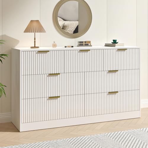 Image of White 7 Drawer Dresser for Bedroom, 55 inch Wide Fluted Dresser with Gold Handles, Modern Chest of Drawer for Bedroom, Closet, Living Room, Entryway, Hallway, White