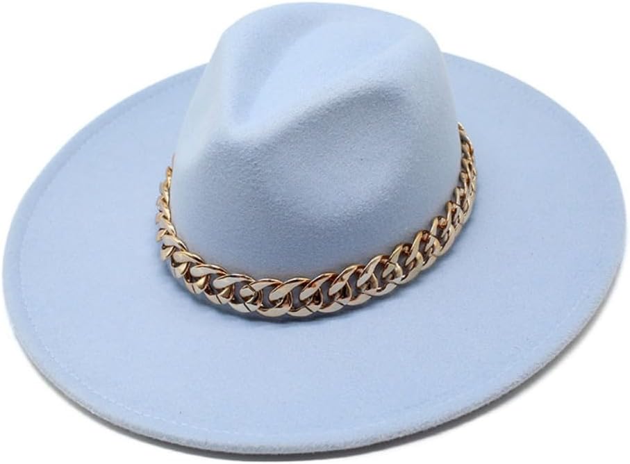 Wide Brim Wool Fedora Hat with Chain Band, Beige, Gold Accent, Classic Style