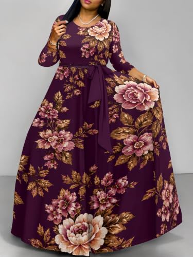 Image of Women Plus Size Long Sleeve V Neck Maxi Dress with Belt | Soft fabric relaxed fit three quarter sleeve v neck with pockets for party and daily wear