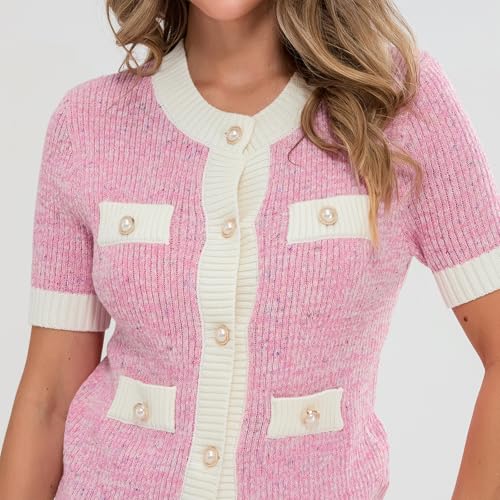 Image of Womens Short Sleeve Button Down Cardigans Sweater Cropped Lightweight Crew Neck Elegant Knit Tops with Pockets