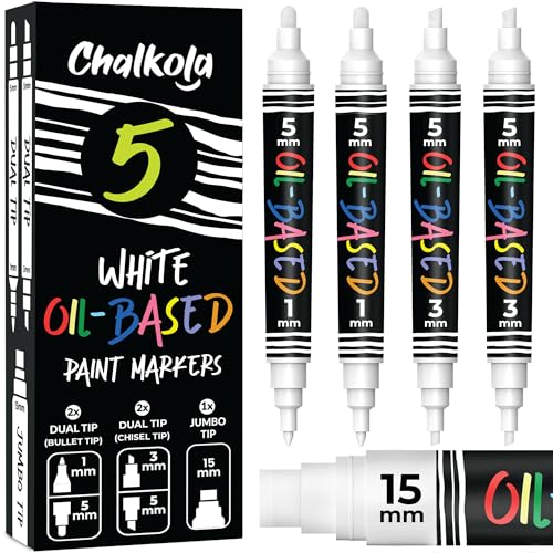 Chalkola 5 Lackstift Weiß (4 Dualspitze, 15mm Jumbo) - Ölstift Paint Pen, Permanent Marker Weiß, Reifenstift Weis Wasserfest – Weißer Lackstift & Weißer Stift Für Metall, Stoff, Glas, Holz, Möbel