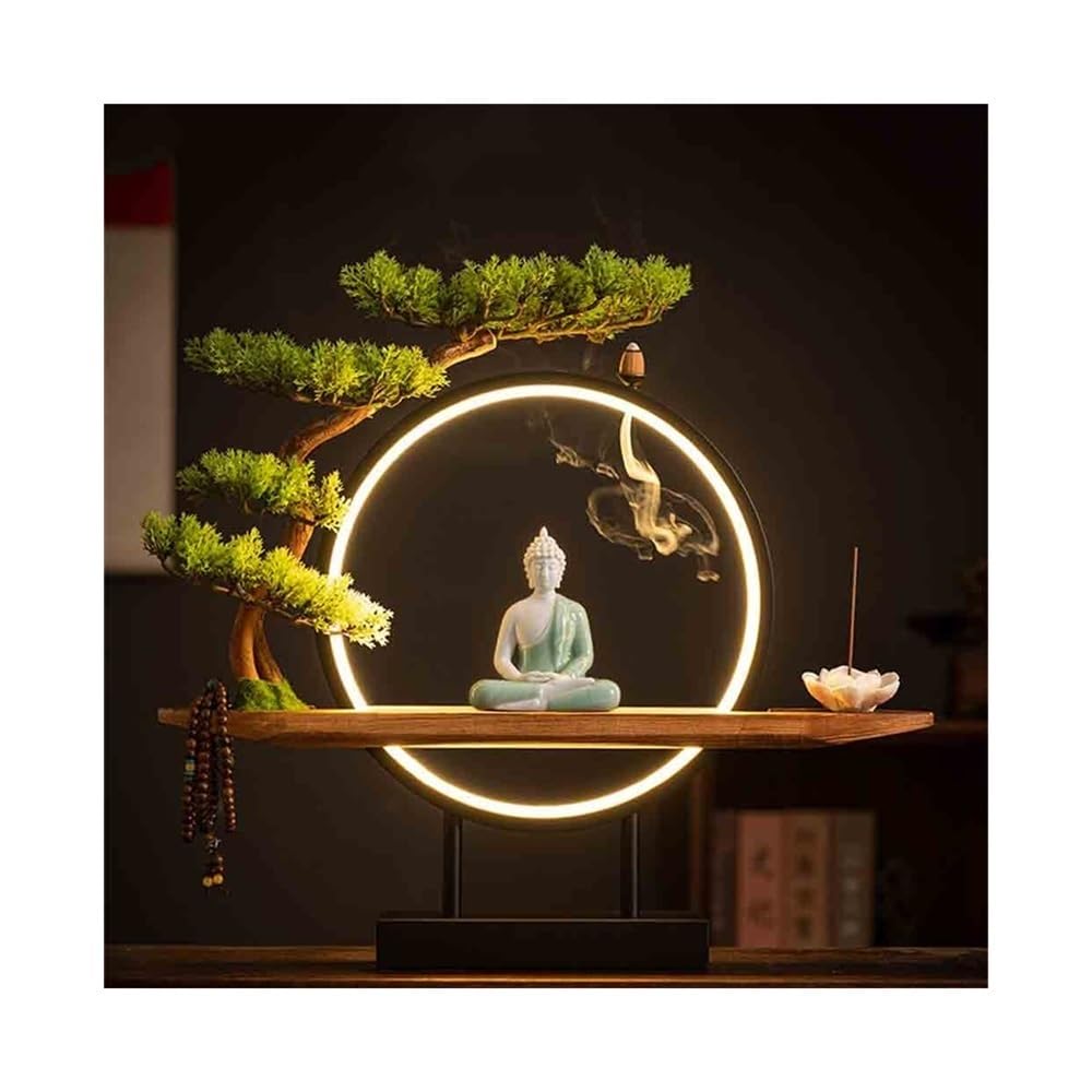 AOTTSD Feng Shui Ceramic Buddha Statue with Simulated Tree Light Ring, Green Buddha Ornament