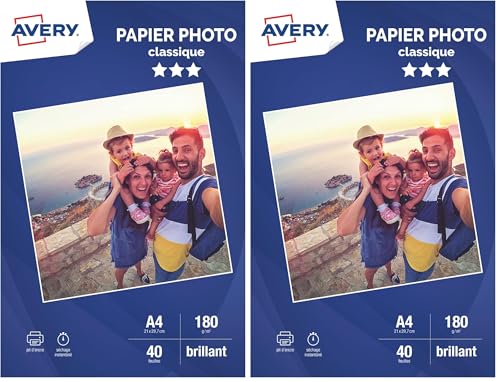 Papier photo 180g brillant Avery A4 à séchage rapide pour imprimante jet d'encre lot de 2