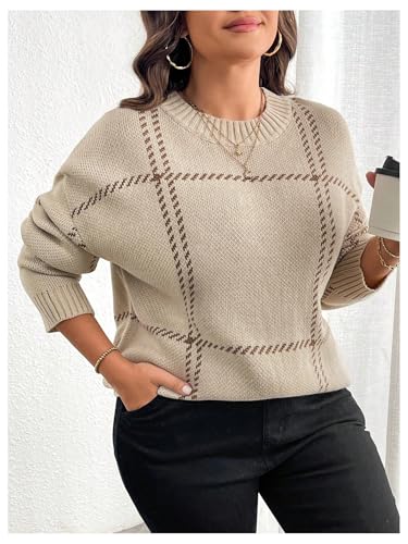 MakeMeChic Women's Plus Size Sweaters Plaid Print Crew Neck Long Sleeve Knitted Pullover Tops3