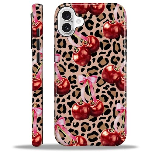 ilikediy for iPhone 16 Case,HL2 Aesthetic Leopard Cherry Bow Hybrid 2 Layer Hard Shell Silicone Protective Pattern Design Case
