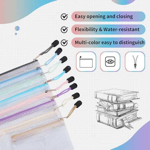 Image of EOOUT 24pcs Mesh Zipper Pouch, Waterproof Zipper Bags, 8 Sizes Plastic Travel Pouch, 8 Colors, Multipurpose for Office Supplies and Travel Storage