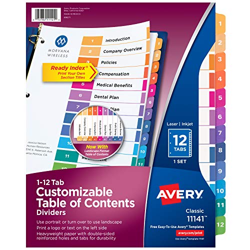 Avery 12-Tab Dividers for 3 Ring Binders, Customizable Table of Contents, Multicolor Tabs, 1 Set (11141)