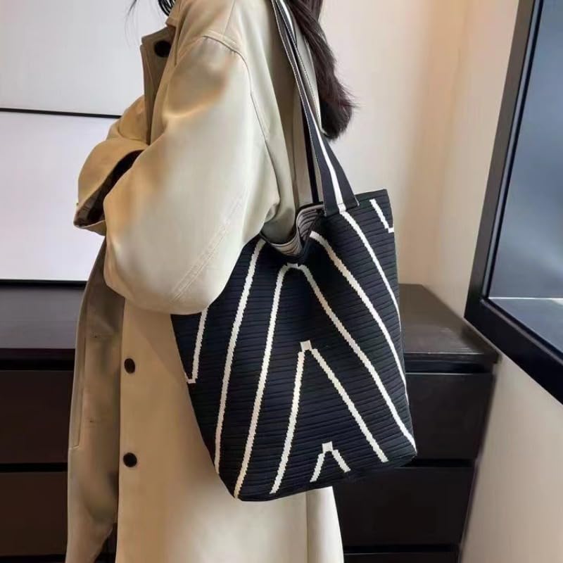 Tote Bag for Women Large Capacity Striped Knitted Shoulder Bag, Stylish and Durable Tote for Phones, Wallets, and Essentials3