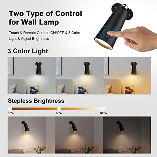 Led Wall Sconce Magnetic Wireless Led Light 3 Color Temp Dimmable,Wall Mounted Lamps With Timer,Remote&Touch Control,Warm White 3000/4500/6000K,Monopoint Ceiling Spot Light For Bedroom,Corridor（Black） #TOP1