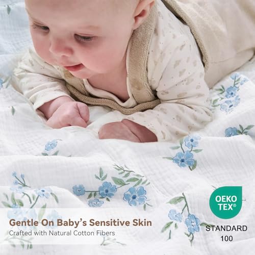 Image of BOPRIO Baby Blankets for Unisex Boys Girls Super Soft Nursery Minky Blankets with Breathable Muslin Cotton Front and 3D Touch Dotted Fleece Backing, Blue Floral Printed Bed Throws Newborn 30 x 40 Inch