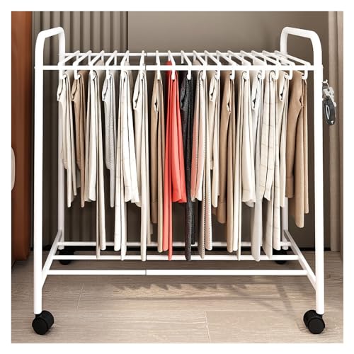 Perchero portátil para pantalones de pie con ruedas, 24 perchas para jeans, bufandas y faldas, organizador de ropa multifuncional y estante de secado para ahorrar espacio