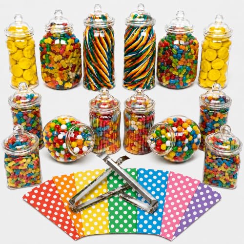 14 Plastic Sweet Jars 7 Styles 2 Tongs and 50 Bags. Ideal for Party Wedding Sweet Table Candy Buffet (Rainbow Polka Dot Mix)