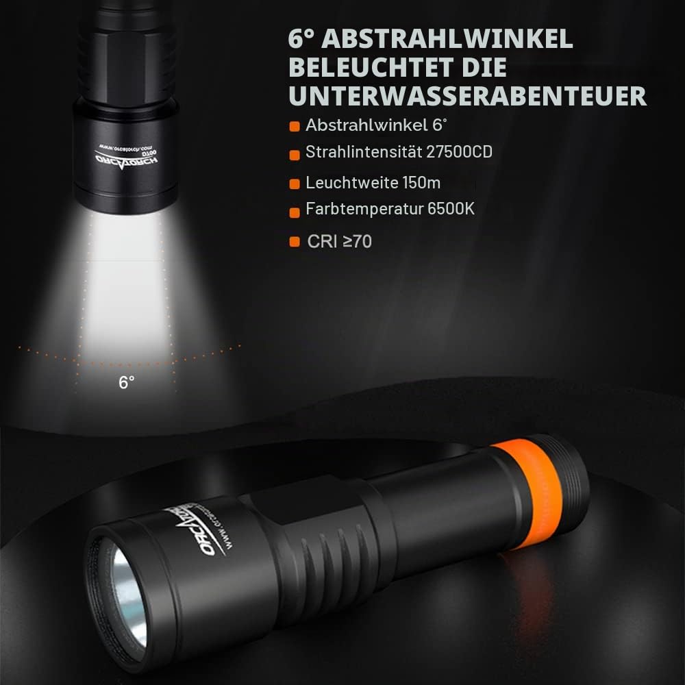 ORCATORCH D700 Tauchlicht 1700 Lumen Tauchlampe 150.0 m Tiefe Unterwasser Tauchen Taschenlampe