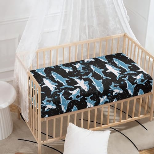 Image of Blue Sharks Fitted Crib Sheet Marine Sharks Baby Crib Sheet Fit Standard Crib and Toddler Mattress,Crib Mattress Sheets for Boys Girls 28 inchx52 inch