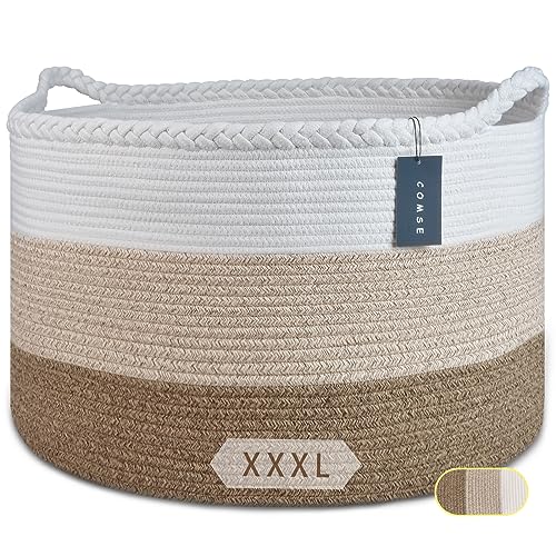 Image of COMSE Extra Large Blanket Basket, Woven Laundry Basket, 21.7”x 13.8”, Nursery Hamper, Cotton Rope Laundry Hamper Living Room for Storage Toys Clothes Towels(White & Gradient Brown)
