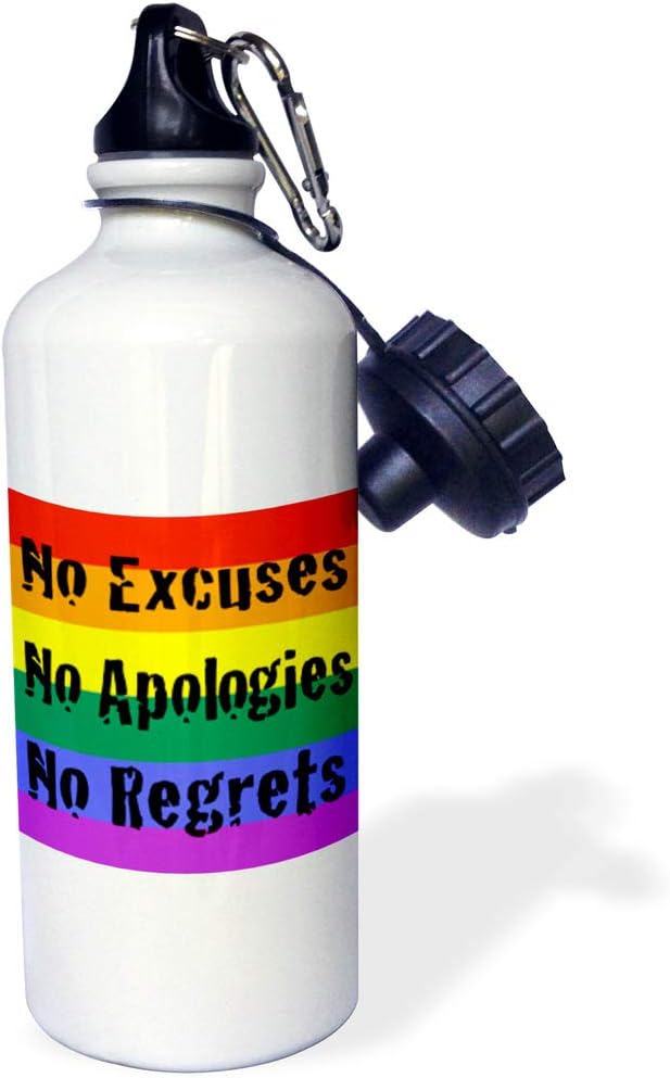 3dRose "No Excuses No Apologies No Regrets" Sports Water Bottle, 21 oz, White