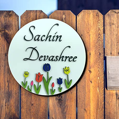 Image of ZOCI VOCI Personalized Name Plate for Home Entrance Outdoor - Acrylic Body, Waterproof | Designer Door Plates for Flat, Bungalow & Apartment - Customized (10 INCH DIA, Tulip Garden)