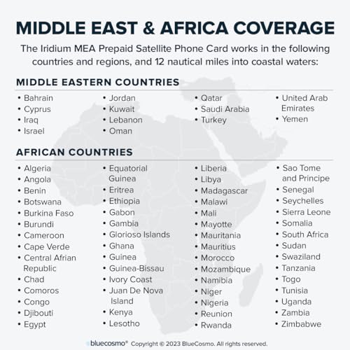 Image of BlueCosmo Iridium Middle East Africa 500 Minute Prepaid Satellite Phone SIM Card - 1 Year Expiry - 500 Voice Minutes - 1000 Text Messages - No Activation or Monthly Fees - MEA