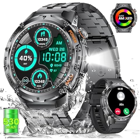 LIGE Military Smart Watches for Men with LED Flashlight(Answer/Make Calls),530mAh Large Battery,1.43’’ AMOLED,5ATM Waterproof Smartwatch for Android iOS,130+Sport Modes Heart Rate/Sleep Monitor Black Cover