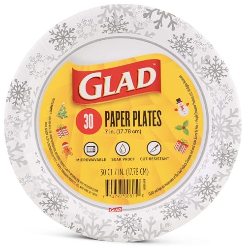 Glad Disposable Paper Plates with Holiday Grey Snowflake Design - Soak Proof Heavy Duty Microwavable Plates for Dessert Snacks and Everyday Use - 7 Inch Round 30 Count