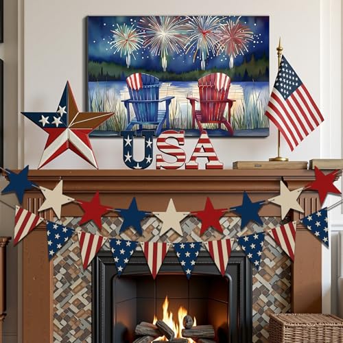Image of Framed 4th of July Fireworks Adirondack Chair Wall Art, Patriotic Lake Canvas Art Pictures, USA Flag Wall Decor, Made in USA Ready to Hang for Living Room Porch