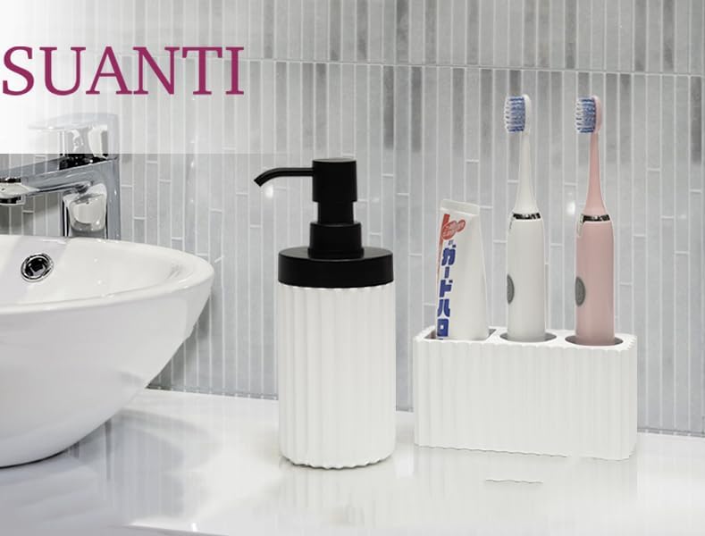 Miniatura 3 de Juego de 2 accesorios de baño con dispensador de jabón acanalado de gran apertura y 3 compartimentos para cepillos de dientes y pasta de dientes,