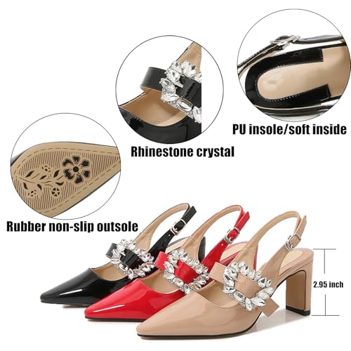Women's Rhinestones Crystal Strappy Chunky High Heel Slingback Pumps Adjustable Ankle Strap Pointed Toe Dress Sandals for Evening Party Wedding2