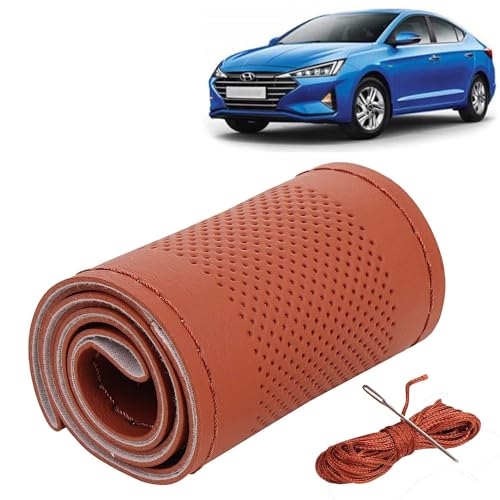 Image of KINGSWAY PU Leatherite Car Steering Cover Sewable Compatible with Hyundai Elantra (Year 2020 Onwards), Tan Color with Tan Thread, Pack of 1 with Sewing Needle and Thread
