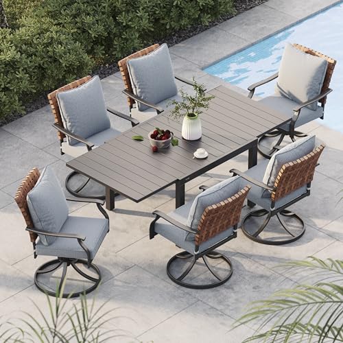 Image of Grand patio 7-Piece Outdoor Dining Set, 6 Leather-Look Wicker Swivel Patio Chairs & 1 Rectangular Dining Table, Black