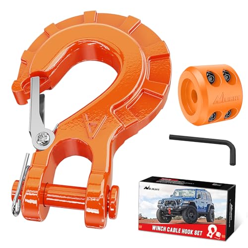 Image of Nilight 3 /8 inch Grade 70 Heavy-Duty Winch Hook with Cable Stopper - 35,000 LBS Drop-Forged Steel Clevis Hook for ATV, Jeep, Trailer Winch Recovery w /Spring Latch, Clevis Pin & Rubber Stopper, Orange