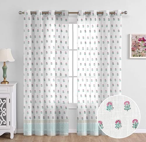 Image of THE LINEN COMPANY Cotton Sheer Printed Curtain for Window Bedroom and Living Roonm Home decor Set of 2 (06.5 Feet,Mini Bloom)