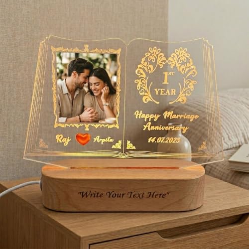 Image of Personalized 3D Illusion LED Table Lamp Book Shape Customized Photo Lamp for Couple Gift Anniversary, Wedding, Marriage, Valentine Day- Your Wooden Base Text Egraved, Brother Sister