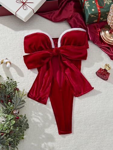 SheerSensation Conjunto de lingerie de Natal sexy com nó frontal aberto em veludo vermelho Papai Noe