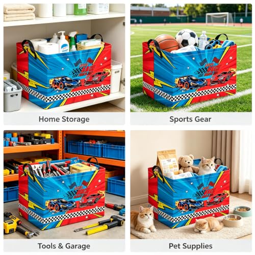 Image of Rectangle Storage Basket with Handles,Collapsible Storage Bin,Books Box,Gift Basket(Red vs. Blue Racing)