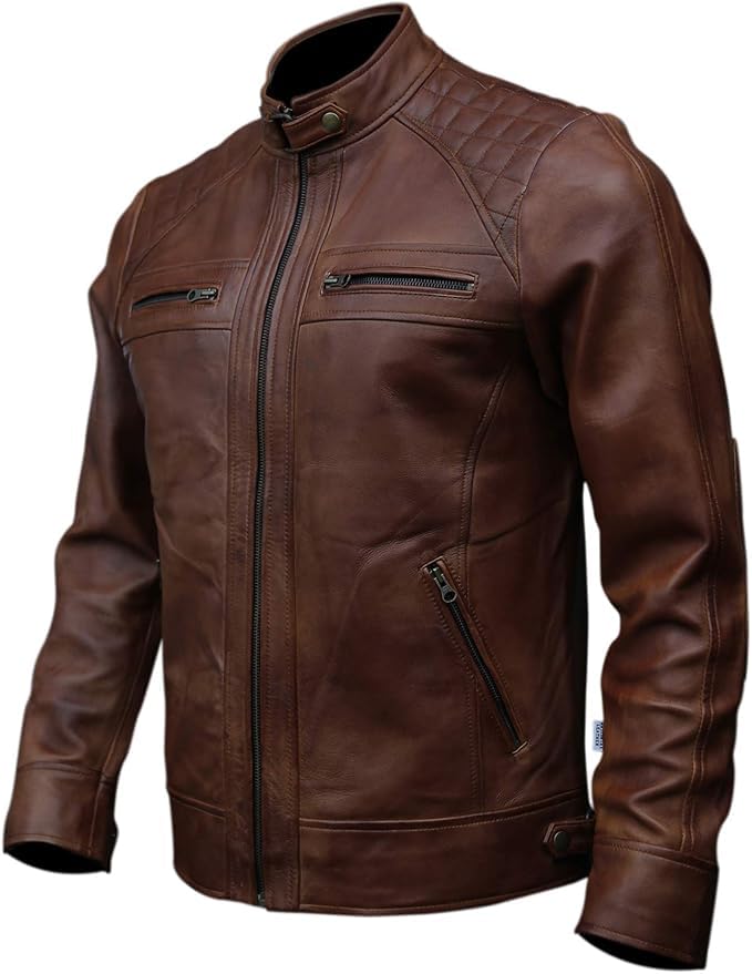 Image of Genuine Leather Men's cafe racer jacket Sheepskin Quilted Motorcycle Style Lambskin Leather Jacket Men